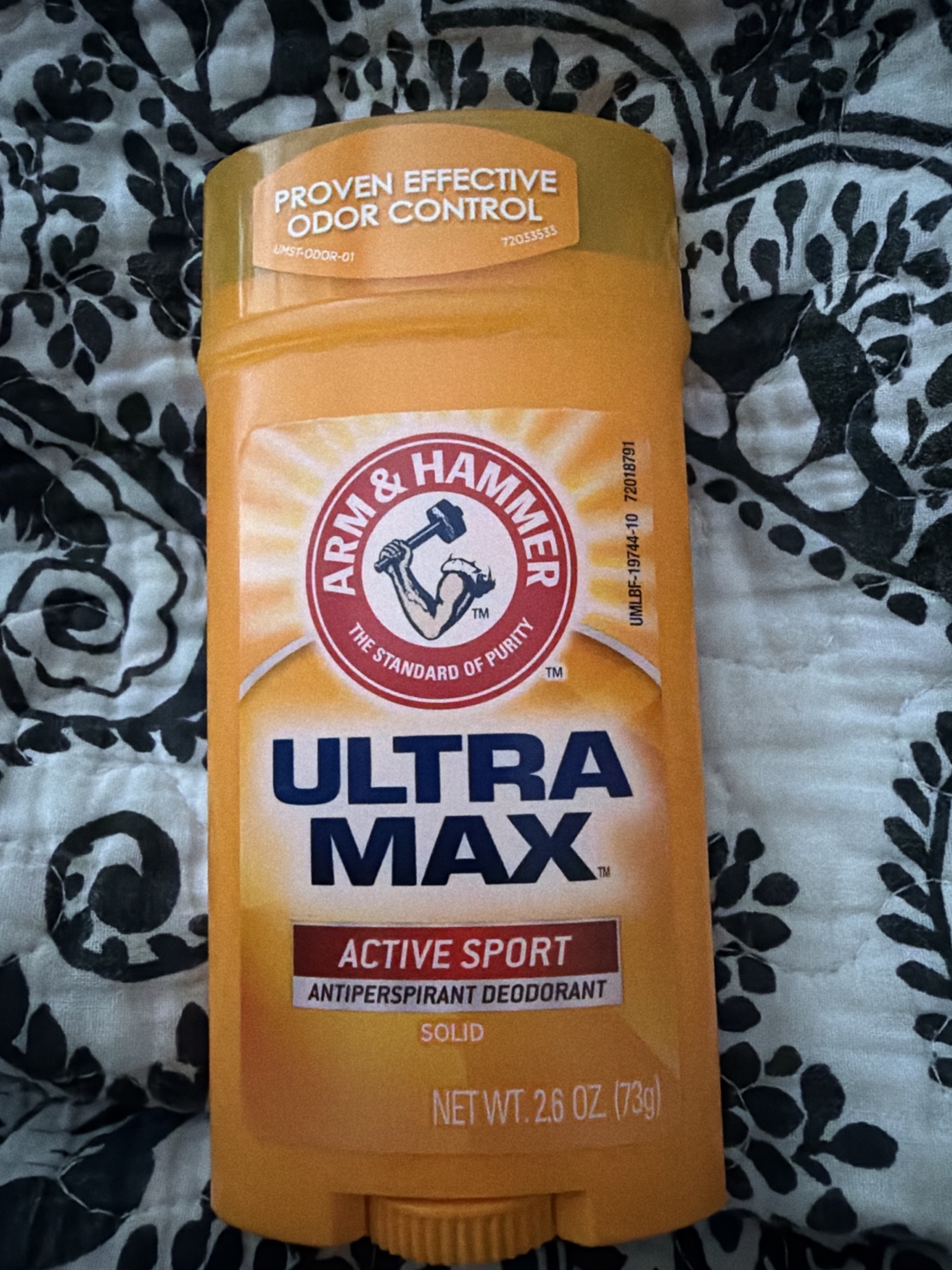 Arm and Hammer Ultra Max Active Sport antiperspirant deodorant photographed at home